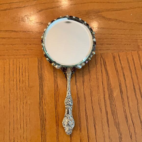 Handcrafted Bejeweled Handheld Mirror Miniature Ladies Mosaic Jewelry Beveled 5" - Picture 10 of 12